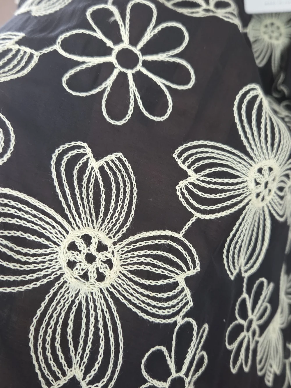 Black Floral Tie-Neck Blouse with Ivory Outline